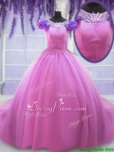 Dramatic Rose Pink Tulle Lace Up Quinceanera Dress Short Sleeves Floor Length Hand Made Flower