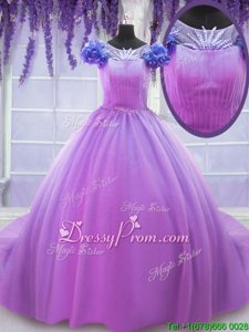Unique Lilac Lace Up Scoop Hand Made Flower Sweet 16 Dress Tulle Short Sleeves