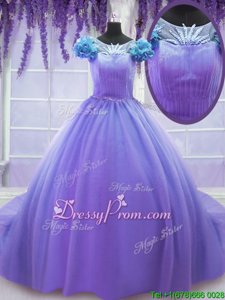 Stunning Scoop Short Sleeves Tulle Ball Gown Prom Dress Hand Made Flower Court Train Lace Up