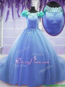 New Arrival Purple Quinceanera Dresses Military Ball and Sweet 16 and Quinceanera and For withHand Made Flower Scoop Short Sleeves Court Train Lace Up