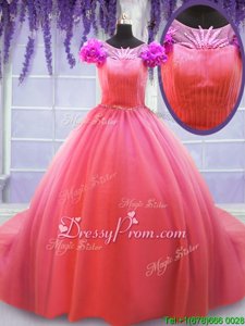 Watermelon Red Short Sleeves Hand Made Flower Lace Up 15 Quinceanera Dress
