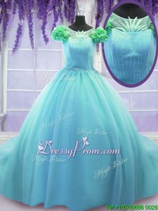 Superior Blue Lace Up Quinceanera Dresses Hand Made Flower Short Sleeves Court Train