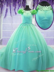 Stylish Short Sleeves Court Train Lace Up Hand Made Flower 15th Birthday Dress