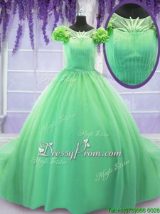Popular Short Sleeves Court Train Lace Up Hand Made Flower Sweet 16 Quinceanera Dress