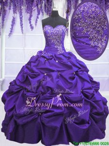 Purple Ball Gowns Sweetheart Sleeveless Taffeta Floor Length Lace Up Beading and Pick Ups Ball Gown Prom Dress
