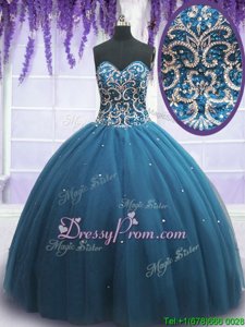 Tulle Sweetheart Sleeveless Lace Up Beading and Appliques Vestidos de Quinceanera inTeal