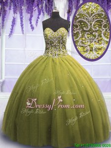 Gorgeous Floor Length Lace Up Quince Ball Gowns Olive Green and In forMilitary Ball and Sweet 16 and Quinceanera withBeading and Appliques