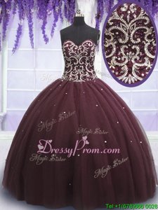 Modern Dark Purple Ball Gowns Tulle Sweetheart Sleeveless Beading and Appliques Floor Length Lace Up Sweet 16 Dress