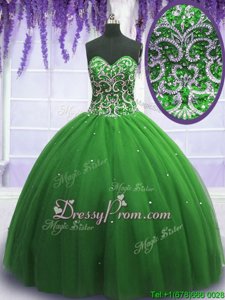 Custom Fit Sleeveless Tulle Floor Length Lace Up 15th Birthday Dress inGreen forSpring and Summer and Fall and Winter withBeading