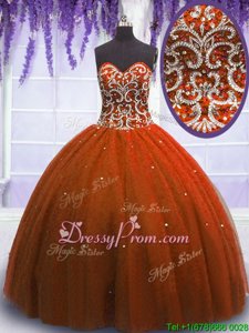 Amazing Rust Red Sleeveless Beading Floor Length 15th Birthday Dress