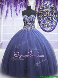 Perfect Purple Tulle Lace Up Sweet 16 Quinceanera Dress Sleeveless Floor Length Beading