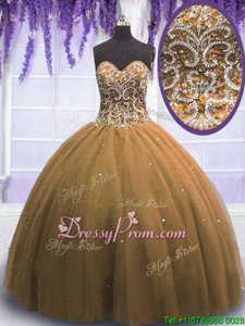 Fine Sleeveless Floor Length Beading Lace Up Sweet 16 Dress with Brown