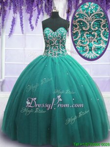 Best Floor Length Turquoise Sweet 16 Dresses Tulle Sleeveless Spring and Summer and Fall and Winter Beading