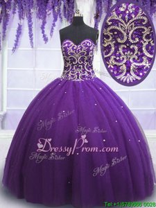 Traditional Eggplant Purple Lace Up 15th Birthday Dress Beading Sleeveless Floor Length