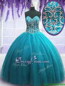 Fancy Teal Tulle Lace Up Sweetheart Sleeveless Floor Length Sweet 16 Quinceanera Dress Beading