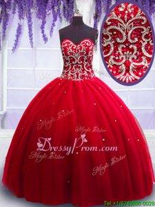 Top Selling Red Tulle Lace Up Sweetheart Sleeveless Floor Length Quinceanera Dress Beading