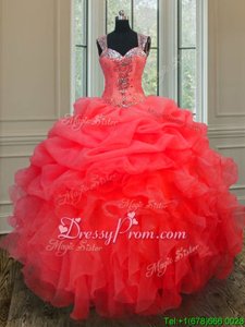 Nice Beading and Ruffles Quinceanera Dresses Coral Red Zipper Sleeveless Floor Length