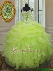 Pretty Yellow Green Organza Zipper Ball Gown Prom Dress Sleeveless Floor Length Beading and Ruffles