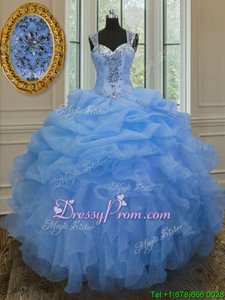 Fancy Blue Organza Zipper Straps Sleeveless Floor Length Ball Gown Prom Dress Beading and Ruffles