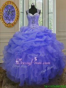 Purple Organza Zipper Straps Sleeveless Floor Length Quinceanera Dress Beading and Ruffles