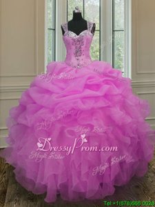 Adorable Straps Sleeveless Quinceanera Gowns Floor Length Beading and Ruffles Lilac Organza