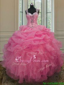 Discount Organza Straps Sleeveless Zipper Beading and Ruffles Quinceanera Gown inBaby Pink