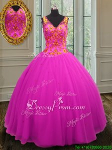 Fuchsia Sleeveless Tulle Zipper Sweet 16 Quinceanera Dress forMilitary Ball and Sweet 16