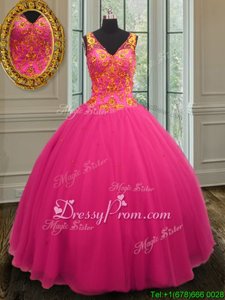 Hot Sale Ball Gowns Ball Gown Prom Dress Hot Pink V-neck Tulle Sleeveless Floor Length Zipper