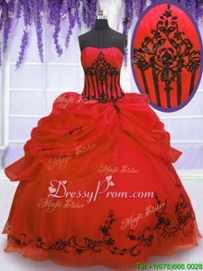 Sexy Red Organza Lace Up Vestidos de Quinceanera Sleeveless Floor Length Embroidery and Pick Ups