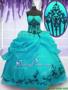 Simple Turquoise Strapless Lace Up Embroidery 15 Quinceanera Dress Sleeveless