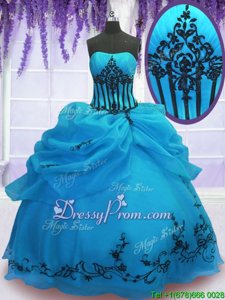 Edgy Blue Ball Gowns Strapless Sleeveless Organza Floor Length Lace Up Embroidery Sweet 16 Dresses