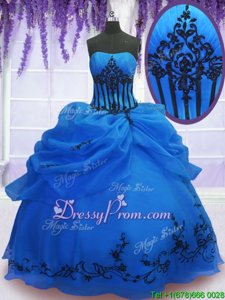 Excellent Blue Lace Up Strapless Embroidery Quinceanera Gown Organza Sleeveless