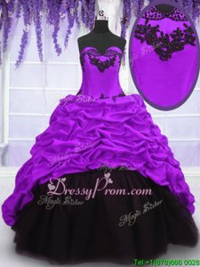 Customized Sleeveless With Train Appliques and Pick Ups Lace Up 15th Birthday Dress with Purple Sweep Train