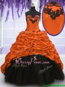 Spectacular Sleeveless Taffeta With Train Sweep Train Lace Up Sweet 16 Quinceanera Dress inBlack and Orange forSpring and Summer and Fall and Winter withAppliques and Pick Ups