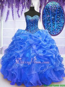 Exceptional Blue Ball Gowns Beading and Ruffles Quinceanera Gown Lace Up Organza Sleeveless Floor Length