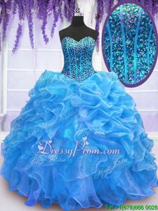 Captivating Blue Sweetheart Neckline Beading and Ruffles Ball Gown Prom Dress Sleeveless Lace Up