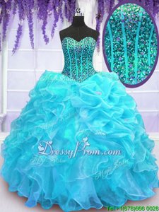 Deluxe Aqua Blue Sweet 16 Dress Military Ball and Sweet 16 and Quinceanera and For withBeading and Ruffles and Pick Ups Sweetheart Sleeveless Lace Up