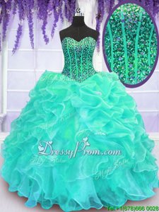 Best Turquoise Lace Up Sweetheart Beading and Ruffles Vestidos de Quinceanera Organza Sleeveless