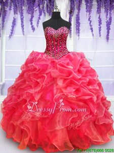 Hot Selling Red Lace Up Sweet 16 Dress Beading and Appliques and Ruffled Layers Sleeveless Floor Length