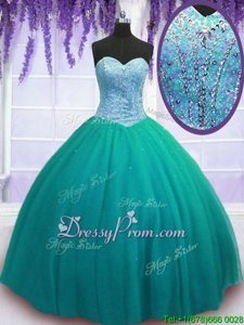 Fashion Sweetheart Sleeveless Quinceanera Dress Floor Length Beading Turquoise Tulle