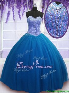 New Arrival Sleeveless Tulle Floor Length Lace Up Quinceanera Dress inTeal forSpring and Summer and Fall and Winter withBeading