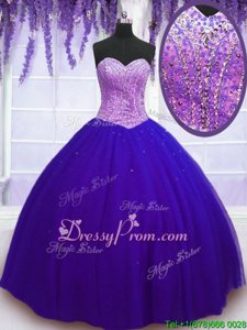 Exceptional Purple Ball Gowns Beading Quinceanera Gowns Lace Up Tulle Sleeveless Floor Length