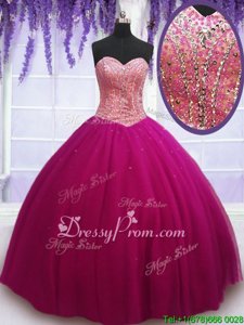 Pretty Hot Pink Sleeveless Tulle Lace Up 15 Quinceanera Dress forMilitary Ball