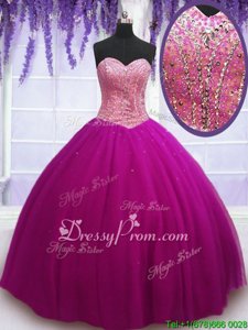 Popular Fuchsia Sweetheart Lace Up Beading Ball Gown Prom Dress Sleeveless