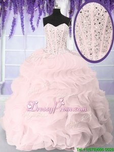 Elegant Floor Length Pink Quinceanera Gowns Organza Sleeveless Spring and Summer and Fall and Winter Beading and Ruffles