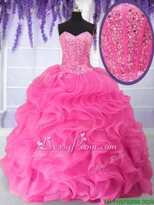 Customized Hot Pink Sleeveless Floor Length Beading and Ruffles Lace Up Sweet 16 Dress