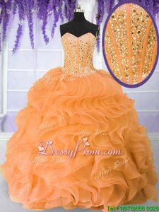 Low Price Floor Length Lace Up Quince Ball Gowns Orange and In forMilitary Ball and Sweet 16 and Quinceanera withBeading and Ruffles