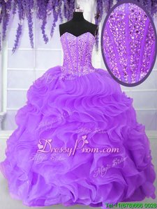Cheap Purple Ball Gowns Beading and Ruffles Quinceanera Dress Lace Up Organza Sleeveless Floor Length