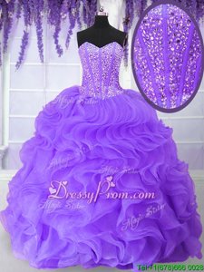Custom Designed Purple Organza Lace Up Sweet 16 Quinceanera Dress Sleeveless Floor Length Beading and Ruffles