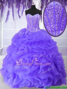 Elegant Floor Length Lavender Quince Ball Gowns Organza Sleeveless Spring and Summer and Fall and Winter Beading and Ruffles